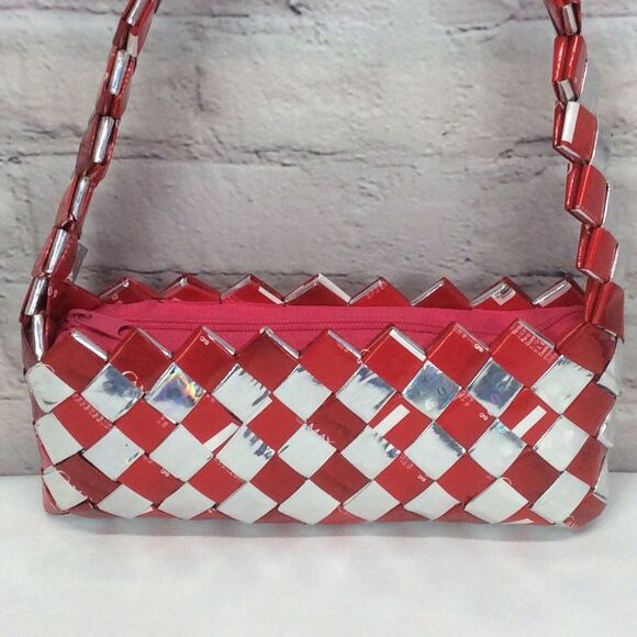 Woven Recycled Soap Wrapper Purse Boho Retro Hand Bag Wearable Art Zip Closure - Picture 5 of 7